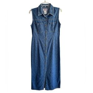 VTG Bill Blass Womens Denim Dress Medium Jumper Sleeveless Maxi Cottagecore 90s